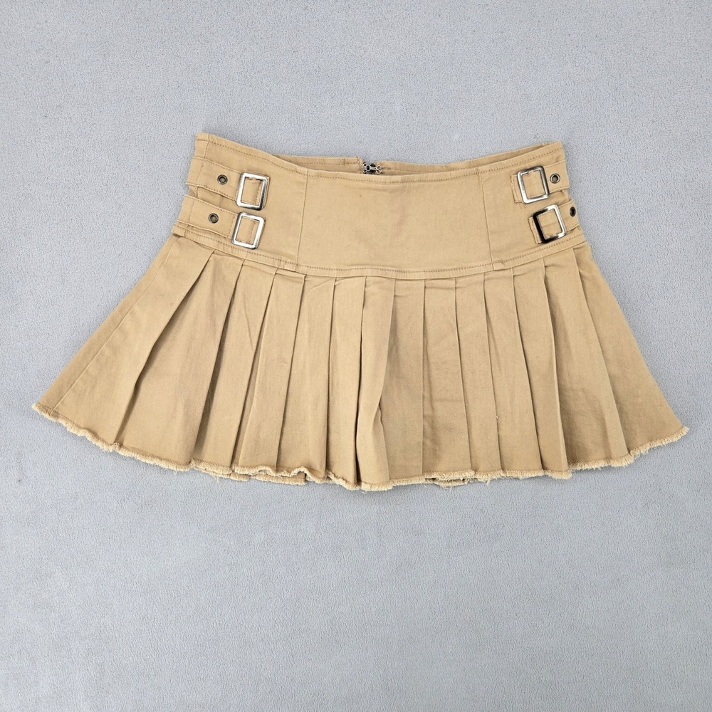 Madden Girl Pleated Mini Skirt Small Khaki Double Buckle Y2K Raw Hem
